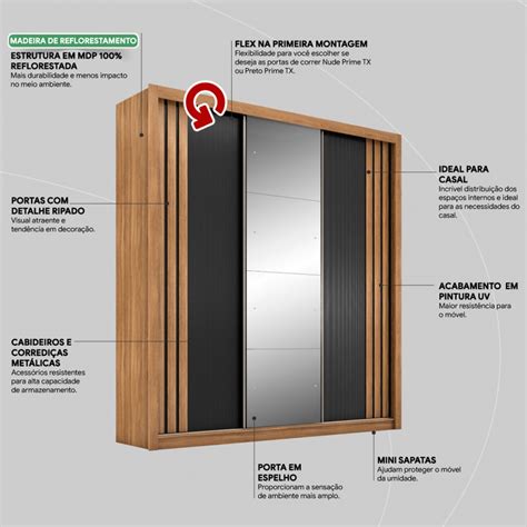 Guarda Roupa Casal Moema Portas Gavetas Flex Espelho Am Ndola Nude Preto Prime Tx Dem Bile