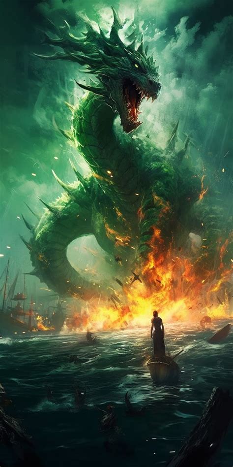 Prompt: sea dragon swims out of the water, attacking people on the ...