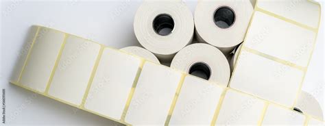 Rolls of white labels isolated. Labels for direct thermal or thermal ...