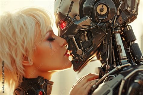 Futuristic Romance The Seductive Kiss Between A Robot Cyborg And A Blonde Woman Highlighting