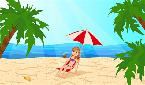 Premium Vector Girl In A Lounge Chair Under An Umbrella On The Beach