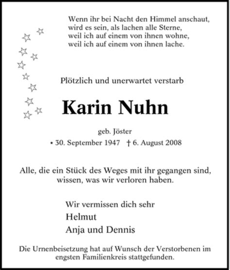 Trauer Und Todesanzeigen Von Karin Nuhn Trauer De