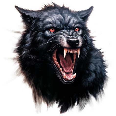 Pintura de un lobo negro con ojos rojos y cara gruñona ai generativa