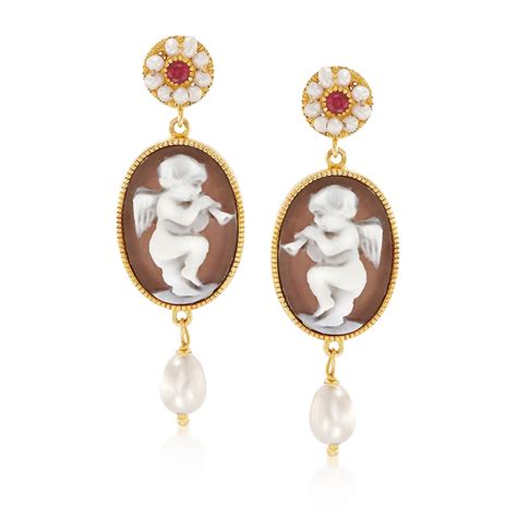 Italian Cultured Pearl And Shell Cameo Earrings With Ruby Accents In