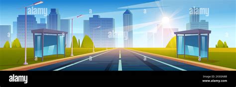 Straight Road To Modern City With High Buildings Street Lights And Bus