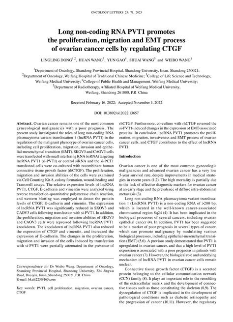 Pdf Long Non‑coding Rna Pvt1 Promotes The Proliferation Migration