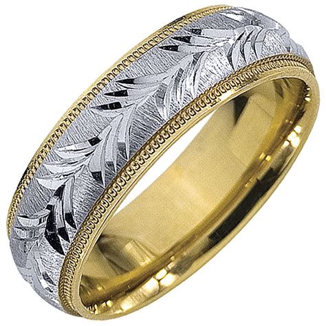 K Two Tone Gold Mens Wedding Band Mm Satin Milgrain Comfort Fit