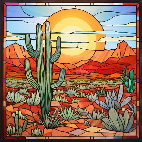 Stained Glass Desert Scene With Cactus And Sun Stock Illustration