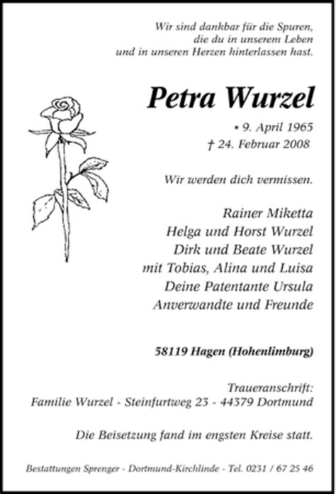 Trauer Und Todesanzeigen Von Petra Wurzel Trauer De