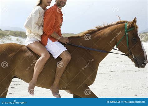 Side View Of Couple Riding Horse On Beach Stock Photo Image Of Brown