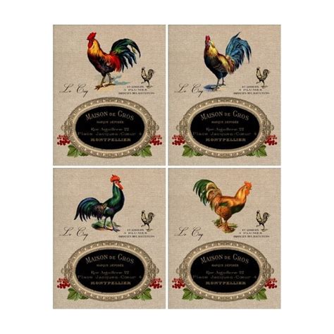 French Country Rooster Gray Art Prints 4 Print Set 8x10