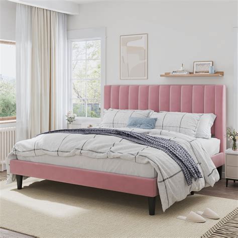 Sha Cerlin Upholstered King Size Platform Bed Frame With Velvet