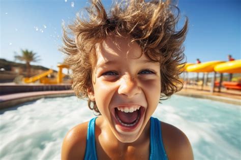 Retrato de niño sonriente en el tobogán de agua Foto Gratis