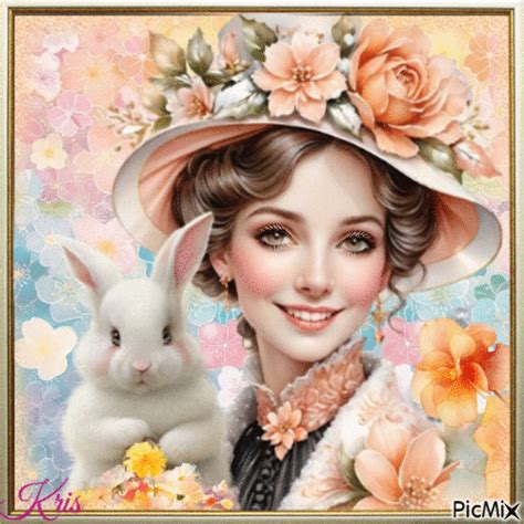 Portrait De Femme Avec Un Lapin Tons Pastels Animado Gratis