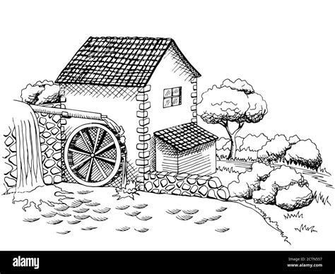 Illustration Water Wheel Mill House Black And White Stock Photos