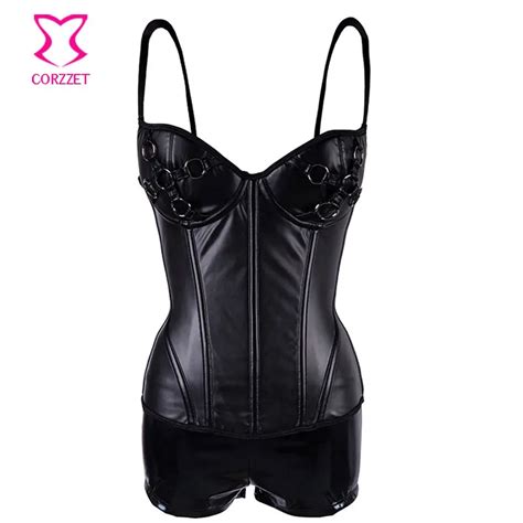 Womens New Sexy Deep V Neck Pu Leather Corset Plus Size Black Club Shining Black Tank Female