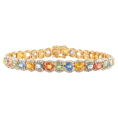 14k Solid Yellow Gold Multi Sapphire Tennis Bracelet With Diamonds For