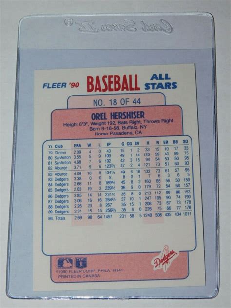 Fleer Baseball All Stars Orel Hershiser Card Of Near Mint