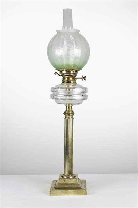 Large Brass Corinthian Column Oil Lamp With Clear Glass Font And Pale