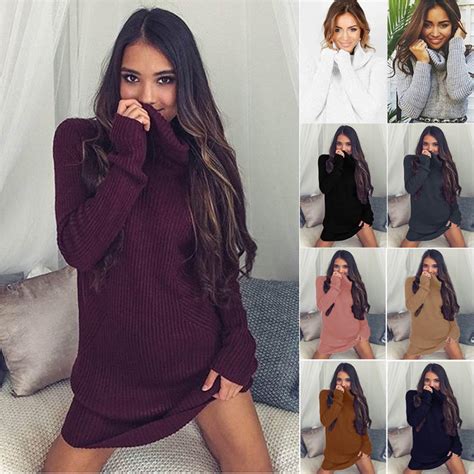 Buy Womens Casual Long Sleeve Jumper Turtleneck Sweaters Dress At