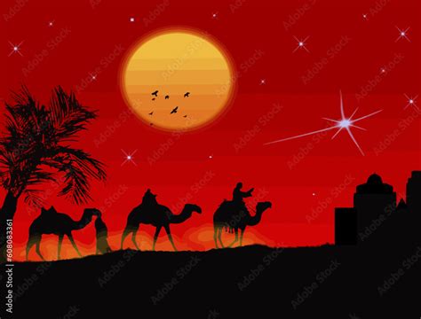 Three Wise Men Traveling To Bethlehem Following The Star Vector