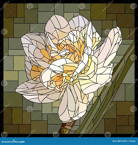 Vector Stained Glass Window With Blooming Cream Narcissus Stock Vector