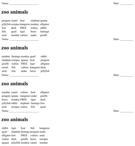 Zoo Animals Bingo Cards Wordmint