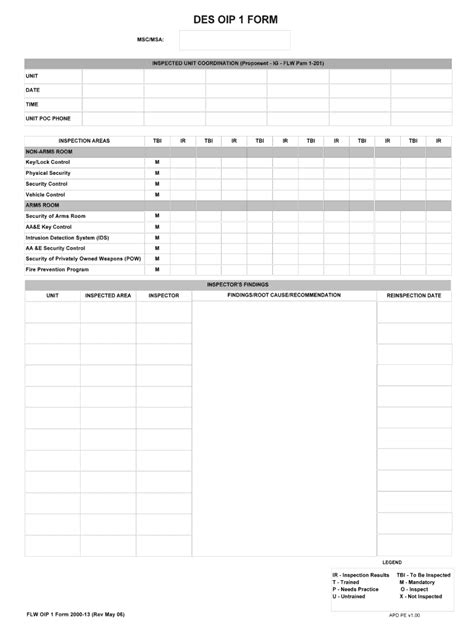 Fillable Online DES OIP 1 FORM MSC MSA INSPECTED UNIT COORDINATION