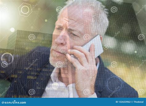 Mature Man Using His Mobile Phone Light Effect Double Exposure Stock