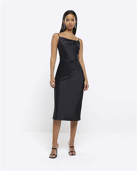 Black Cowl Neck Slip Midi Dress River Island