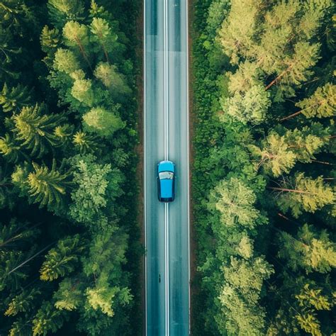 Premium Photo Aerial View Blue Car Driving Down An Asphalt Road