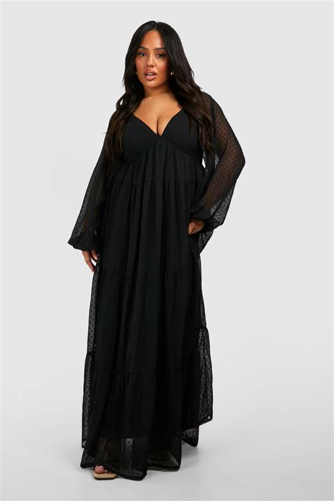 Boohoo Plus Dobby Mesh Long Sleeve V Neck Maxi Dress In Black Lyst