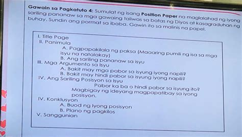 Gawain Sa Pagkatuto 4 Sumulat Ng Isang Position Paper Na Maglalahad Ng