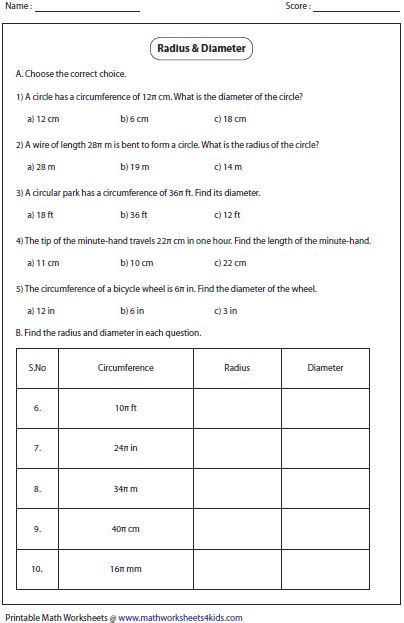 Circumference and Area of Circle Worksheets