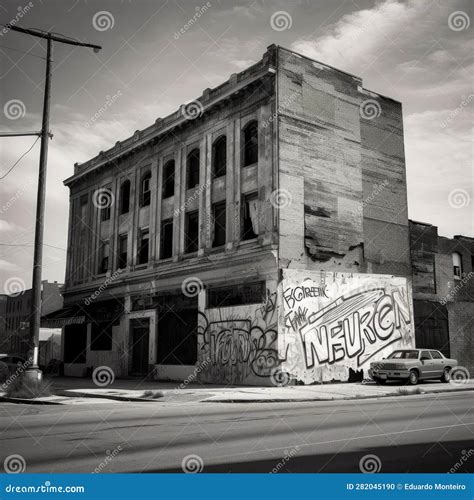 Old Brick Building With Graffiti In The City Black And White Stock Illustration Illustration