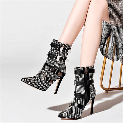 Customized Pointed Toe Side Zipper Stiletto Heel Rivet Ankle Boots