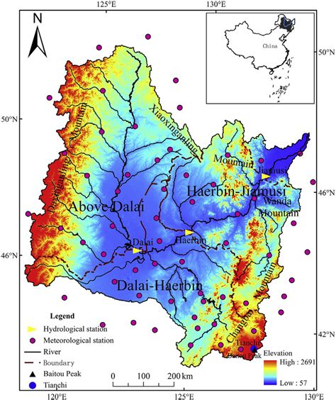 Location map of the Songhua River basin showing three hydrological ...