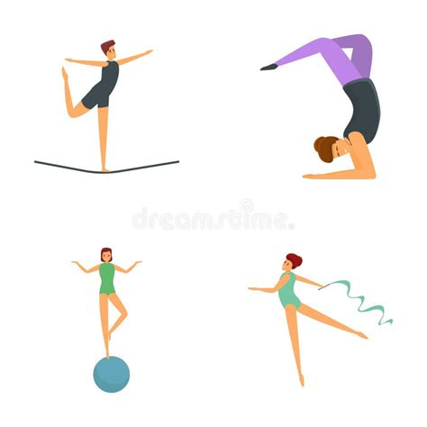 Rhythmic Gymnastics Icons Set Cartoon Vector Girl Doing Rhythmic