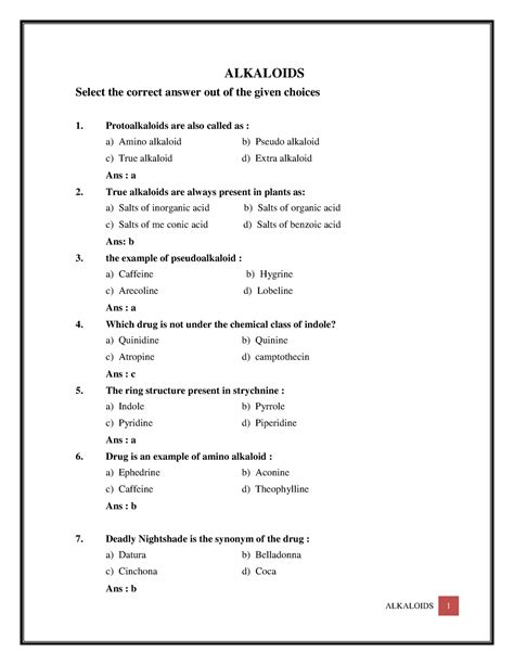 Alkaloids - pharmacology - ALKALOIDS Select the correct answer out of the given choices 1. - Studocu