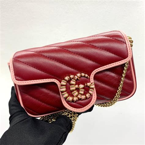 Gucci Red Pink Leather Gg Marmont Small Flap Shoulder Bag W