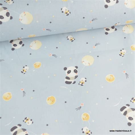 Tissu Coton Huanlili Motif Pandas Fond Ciel Oeko Tex