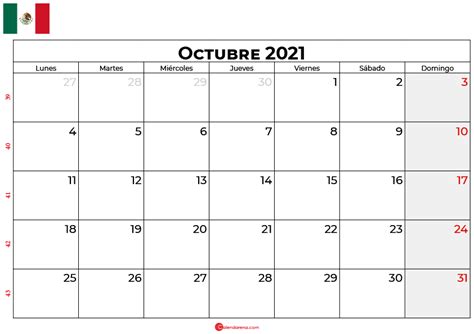 Calendario Octubre Mexico Para Imprimir