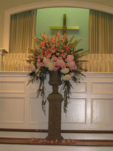 Altar Piece Pink And White Arrangement With Draping Foliage