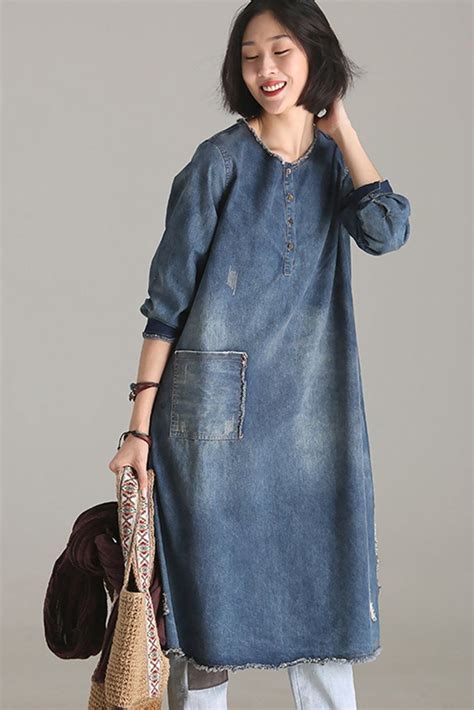 Vintage Casual Blue Denim Dresses Women Fall Outfits Q9505 Womens