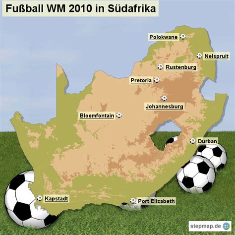 Austragungsorte der Fußball WM 2010 in Südafrika von Strand - Landkarte für Südafrika