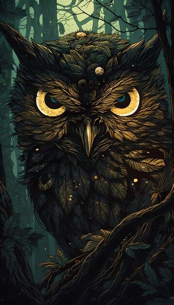 Premium Photo | A black owl with yellow eyes sits on a branch