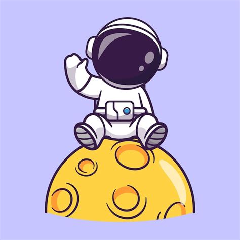 Lindo Astronauta Sentado En La Luna Y Agitando La Mano Cartoon Vector