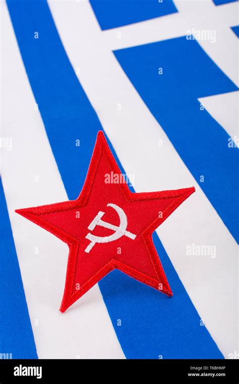 Red Star Hammer And Sickle Badge With Greek Flag For Socialist