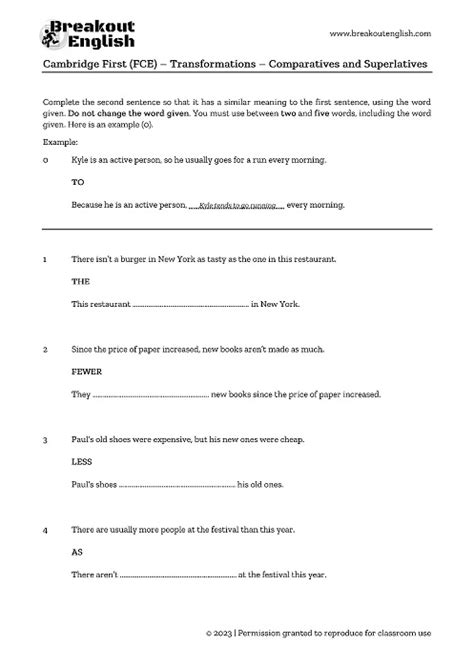 First FCE B2 Key Word Transformations Comparatives And Superlatives