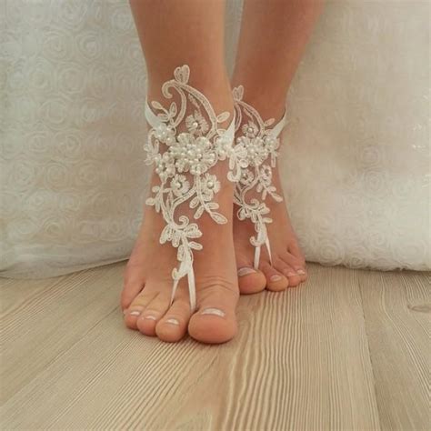 Beach Wedding Barefoot Sandals Free Ship Embroidered Sandals Ivory